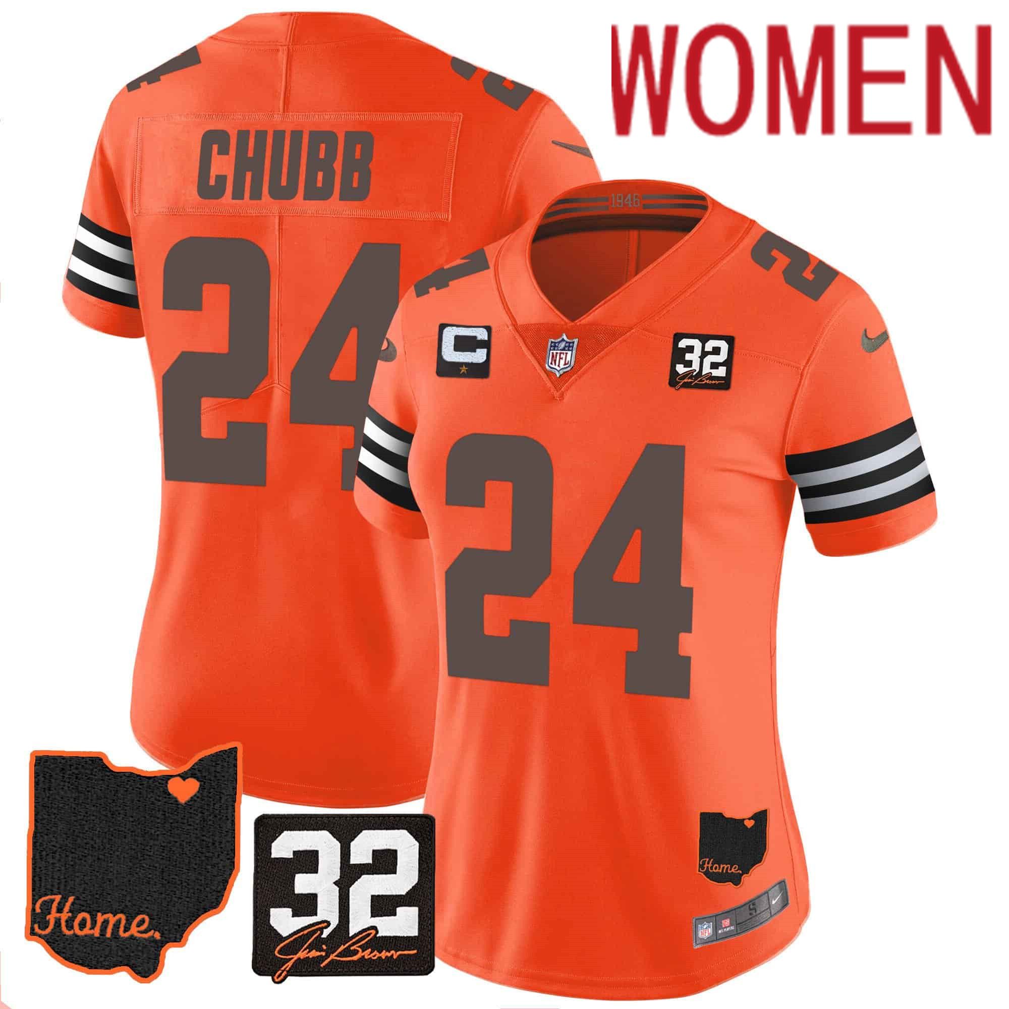 Women Cleveland Browns #24 Chubb Orange Memorial Home Patch 2024 Nike NFL Jersey->women nfl jersey->Women Jersey